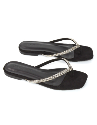 Raina Square Toe Thong Strap Flat Diamante Sandal Slides in Black Faux Suede