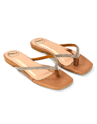 Raina Square Toe Thong Strap Flat Diamante Sandal Slides in Rose Gold Shimmer