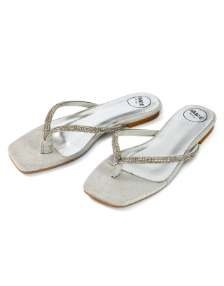 Raina Square Toe Thong Strap Flat Diamante Sandal Slides in Silver Shimmer