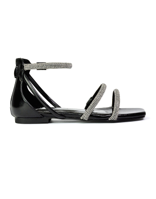 Esma Strappy Diamante Flat Sandals with A Square Toe in Black