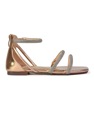 Esma Strappy Diamante Flat Sandals with A Square Toe in Gold