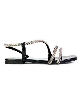 Dove Sparkly Low Heel Square Toe Strappy Diamante Flat Sandals in Black 
