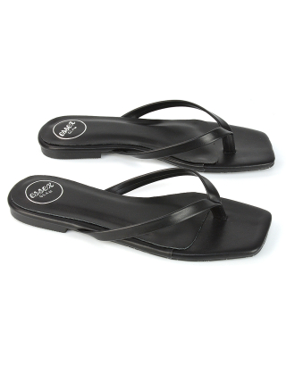 CODY FLAT SLIP ON SQUARE TOE THONG FLIP FLOP SANDAL SLIDES IN BLACK SYNTHETIC LEATHER