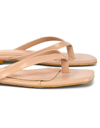 CODY FLAT SLIP ON SQUARE TOE THONG FLIP FLOP SANDAL SLIDES IN NUDE SYNTHETIC LEATHER