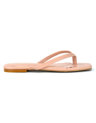 CODY FLAT SLIP ON SQUARE TOE THONG FLIP FLOP SANDAL SLIDES IN PINK SYNTHETIC LEATHER