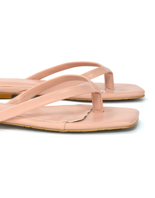 CODY FLAT SLIP ON SQUARE TOE THONG FLIP FLOP SANDAL SLIDES IN PINK SYNTHETIC LEATHER