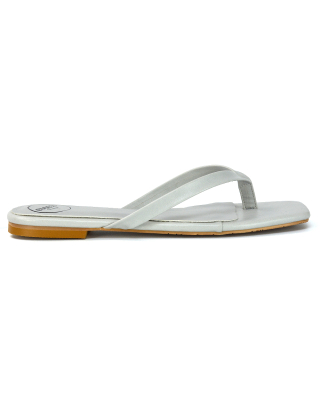 CODY FLAT SLIP ON SQUARE TOE THONG FLIP FLOP SANDAL SLIDES IN STONE SYNTHETIC LEATHER