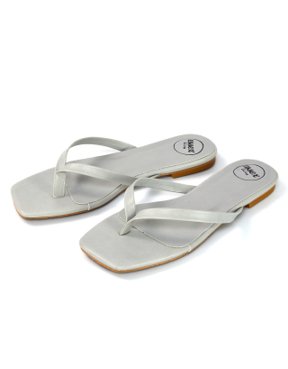 CODY FLAT SLIP ON SQUARE TOE THONG FLIP FLOP SANDAL SLIDES IN STONE SYNTHETIC LEATHER