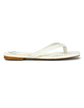 CODY FLAT SLIP ON SQUARE TOE THONG FLIP FLOP SANDAL SLIDES IN WHITE SYNTHETIC LEATHER