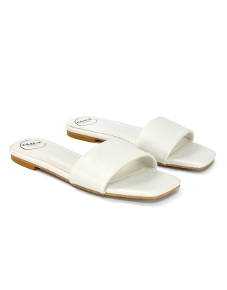 Kenna Flat Mule Strappy Square Toe Sandal Sliders in White Synthetic Leather