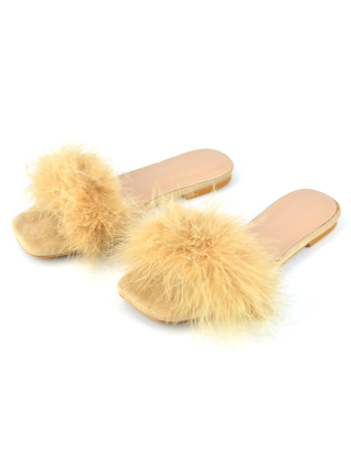BROOKLYN FLAT FAUX FUR FLUFFY STRAPPY SLIP ON SQUARE TOE SANDAL SLIDERS IN NUDE