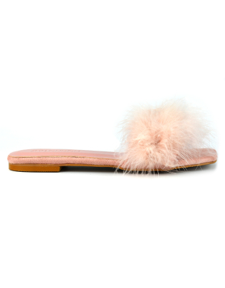 BROOKLYN FLAT FAUX FUR FLUFFY STRAPPY SLIP ON SQUARE TOE SANDAL SLIDERS IN PINK