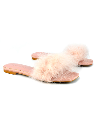 BROOKLYN FLAT FAUX FUR FLUFFY STRAPPY SLIP ON SQUARE TOE SANDAL SLIDERS IN PINK