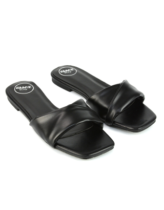 Pippa Twisted Strap Square Toe Flat Sandal Sliders in Black Synthetic Leather
