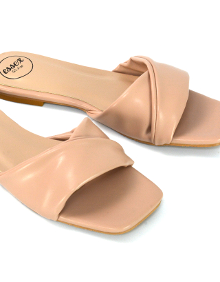 Pippa Twisted Strap Square Toe Flat Sandal Sliders in Nude Synthetic Leather