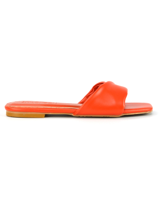Pippa Twisted Strap Square Toe Flat Sandal Sliders in Orange Synthetic Leather