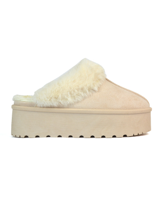 Faith Slip On Faux Fur Slippers with Platform Sole in Beige 