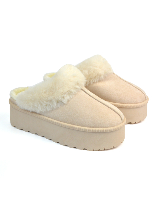beige faux fur slippers