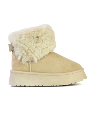 Winnie Platform Faux Fur Ankle Boots with Bow Detailing in Beige