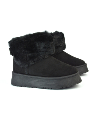 Winnie Platform Faux Fur Ankle Boots with Bow Detailing in Black