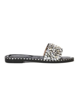 Hailey Diamante Rhinestone Strap Quilted Sole Flat Sandal Sliders in Black