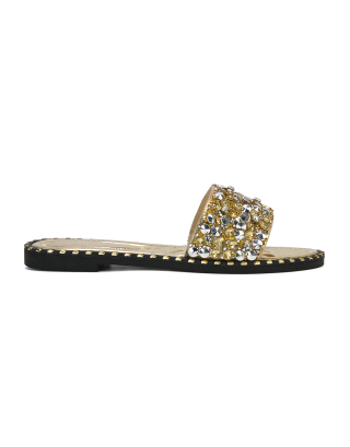 Khaleesi Diamante Rhinestone Strap Quilted Sole Flat Sandal Sliders in Gold 