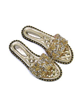 Khaleesi Diamante Rhinestone Strap Quilted Sole Flat Sandal Sliders in Gold 