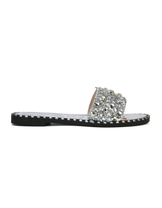 Khaleesi Diamante Rhinestone Strap Quilted Sole Flat Sandal Sliders in Silver