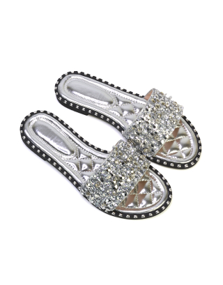 Khaleesi Diamante Rhinestone Strap Quilted Sole Flat Sandal Sliders in Silver