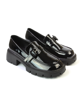 Adelaide School Shoes Buckle Chunky Platform Block Heel Loafers in Black Patent