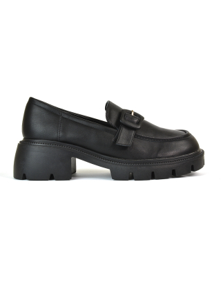 Adelaide School Shoes Buckle Chunky Platform Block Heel Loafers in Black Synthetic Leather