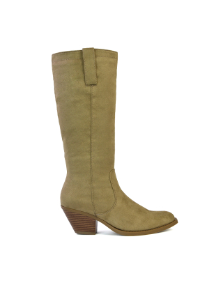 Fleur Western Knee High Cowboy Boots With Block Heel in Stone Faux Suede