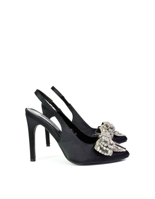 Kimmy Diamante Bow Pointed Toe Court Shoes Stiletto High Heels in Black