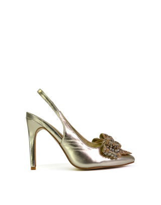 Kimmy Diamante Bow Pointed Toe Court Shoes Stiletto High Heels in Gold