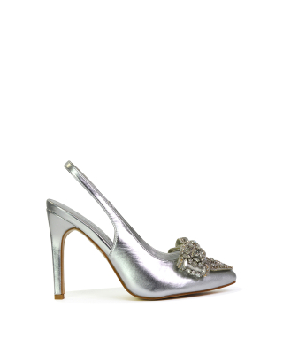 Kimmy Diamante Bow Pointed Toe Court Shoes Stiletto High Heels in Silver