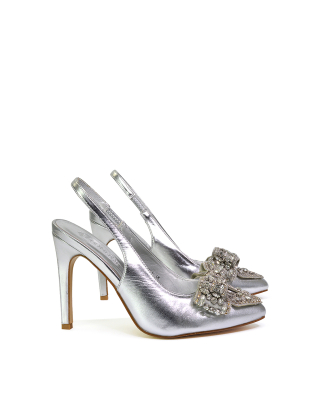 Kimmy Diamante Bow Pointed Toe Court Shoes Stiletto High Heels in Silver