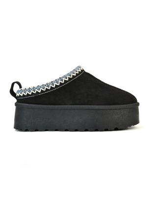 Candice Aztec Slip On Faux Fur Insole Platform Flatform Slipper Ultra Mini Boots in Black
