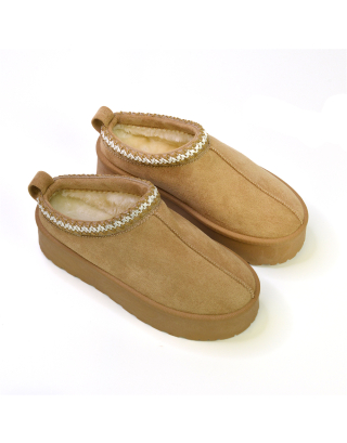 Candice Aztec Slip On Faux Fur Insole Platform Flatform Slipper Ultra Mini Boots in Sand