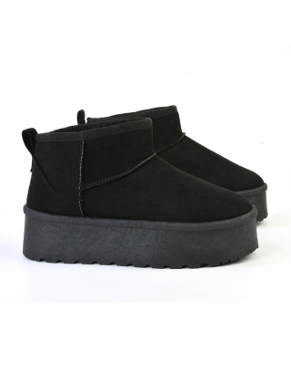 Selina Mini Micro Flatform Micro Faux Fur Ankle Boots in Black