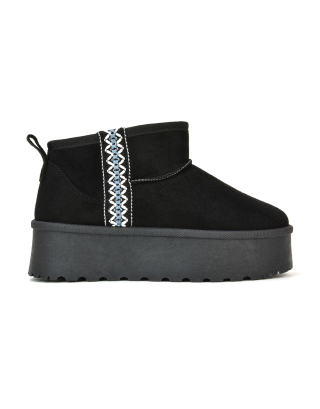 Bexley Aztec Ankle Platform Ultra Mini Boots With Faux Fur Insole in Black