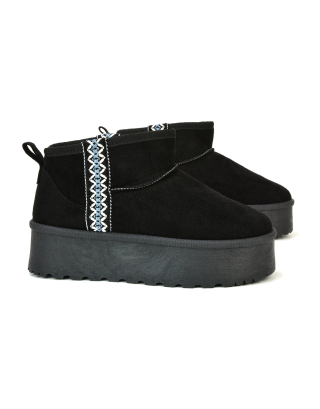 Bexley Aztec Ankle Platform Ultra Mini Boots With Faux Fur Insole in Black