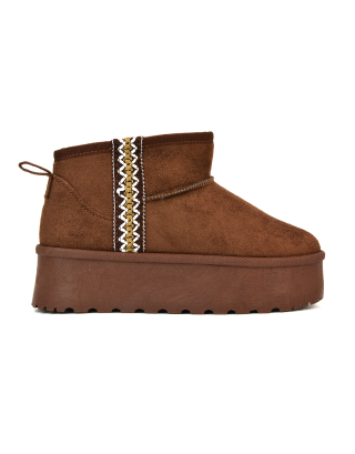 Bexley Aztec Ankle Platform Ultra Mini Boots With Faux Fur Insole in Chocolate