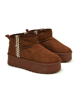 Bexley Aztec Ankle Platform Ultra Mini Boots With Faux Fur Insole in Chocolate