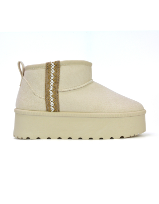Bexley Aztec Ankle Platform Ultra Mini Boots With Faux Fur Insole in Cream