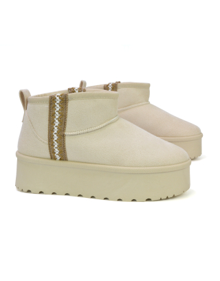 Bexley Aztec Ankle Platform Ultra Mini Boots With Faux Fur Insole in Cream