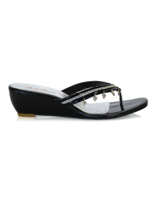 Kym Sparkly Slip on Thong Toe Post Gem Diamante Low Wedge Sandals in Black