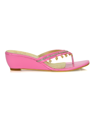 Kym Sparkly Slip on Thong Toe Post Gem Diamante Low Wedge Sandals in Pink