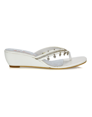 Kym Sparkly Slip on Thong Toe Post Gem Diamante Low Wedge Sandals in White