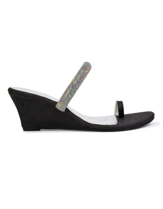 Lucille Slip On Strappy Sparkly Diamante Wedge Sandal Heels in Black