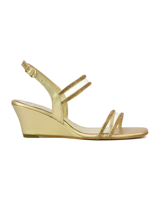 Melinda Strappy Square Toe Diamante Wedge Heel Sandals in Gold 
